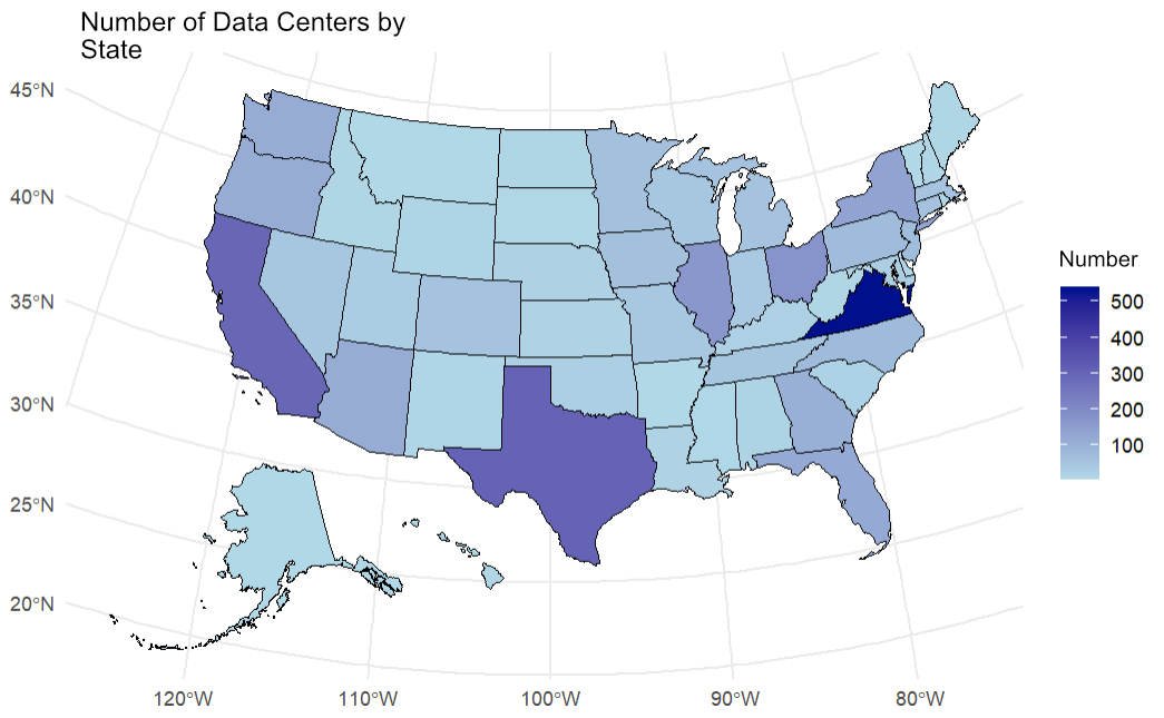A map of the United States titled 'Data Center by US State', displaying the number of data centers per state. States are color-coded on a gradient scale from light blue (fewer data centers) to dark blue (more data centers). Virginia is the darkest, indicating the highest number of data centers, followed by states Texas and California. A legend on the right shows values ranging from 0 to over 500.